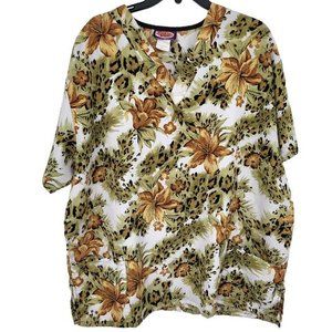 Vintage 90s Nurse Scrub Top XL Animal Print Green Polyester Pockets Silky V Neck